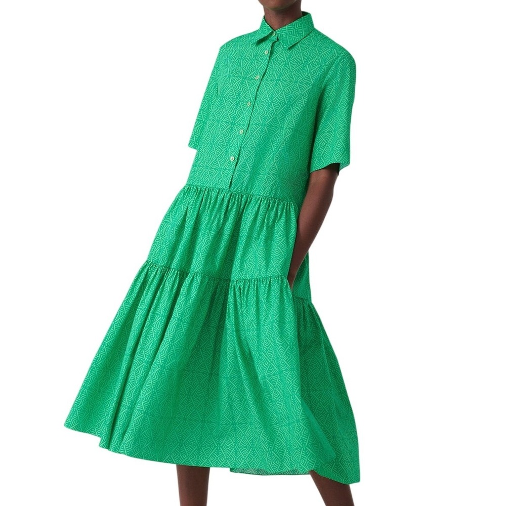 Eliza Christoph Nandi Silk Tiered Midi Shirt Dress M‎ US 8 Green Geo Print Boho